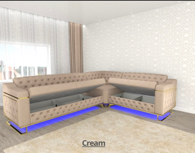 Ruby Corner Sofa - LED Light , Under Storage , Metal Legs , Roll Over Bed , Full Memory Foam