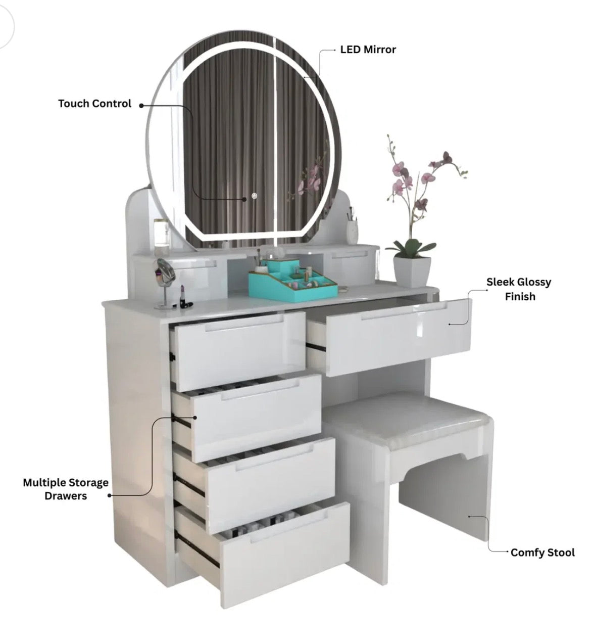 Marisa Dressing Table - Deep Drawers , Comfy Stool , Handless Drawers , 3 Tone LED , High Gloss Mirror With Strong MDF