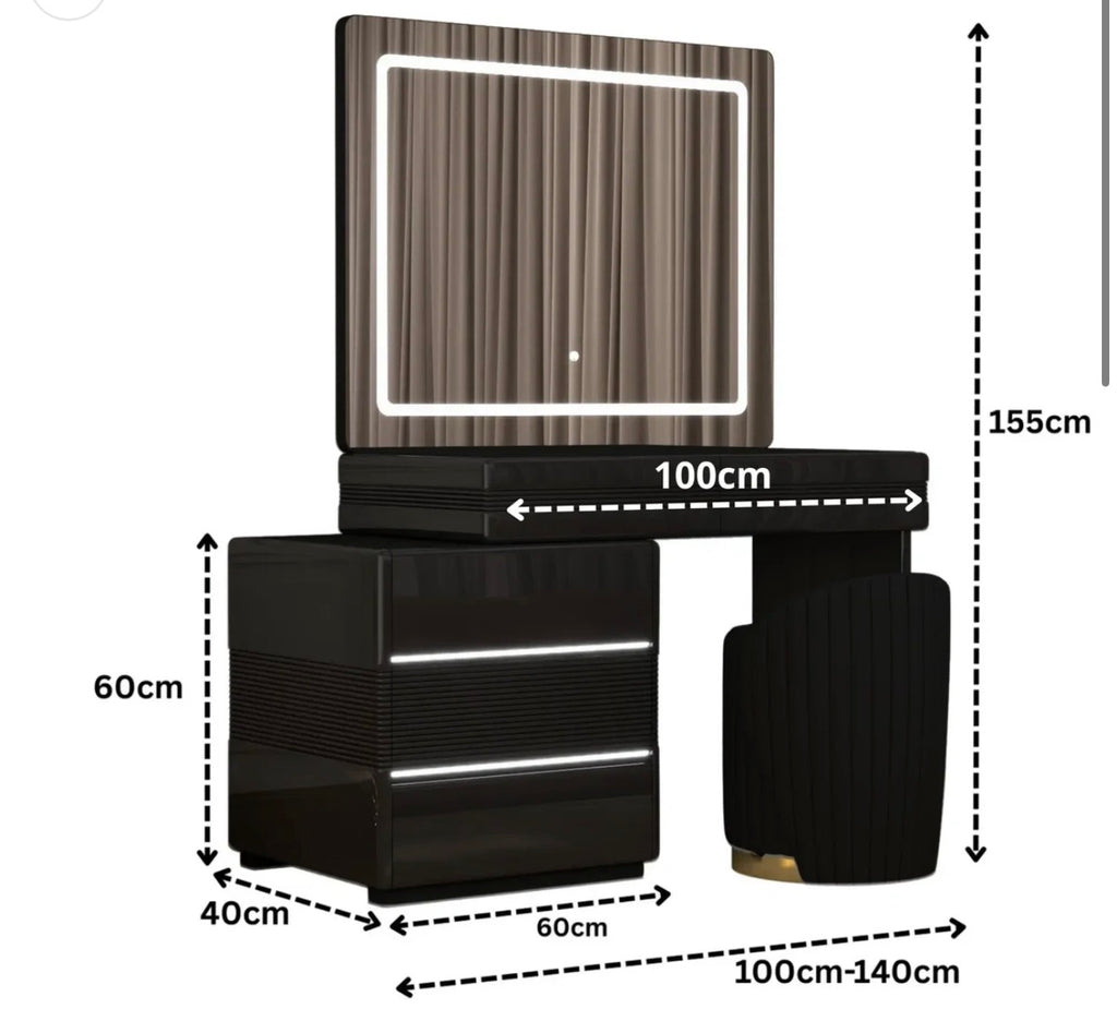 Novella Dressing Table - Comfy Stool , Strong MDF , Adjustable Width , 3 Tone LED , High Gloss Mirror , With Handless Drawers