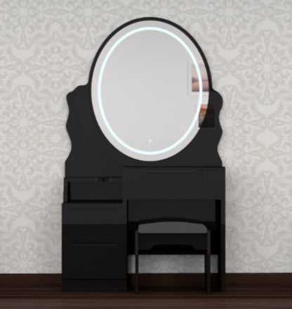 Naomi Dressing Table - Strong MDF , Comfy Stool , 3 Tone LED , Handless Deep Drawers , With High Gloss Mirror