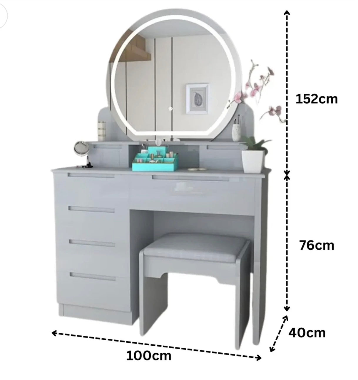 Marisa Dressing Table - Deep Drawers , Comfy Stool , Handless Drawers , 3 Tone LED , High Gloss Mirror With Strong MDF