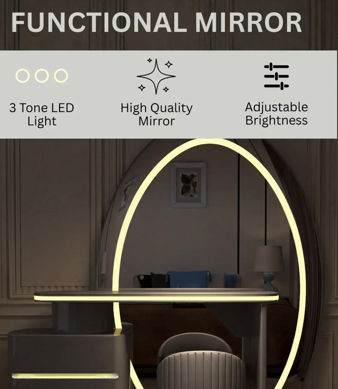 Lumi Dressing Table - Strong MDF , 3 Tone LED , Deep Drawers , Comfy Stool With High Gloss Mirror In Different Colors