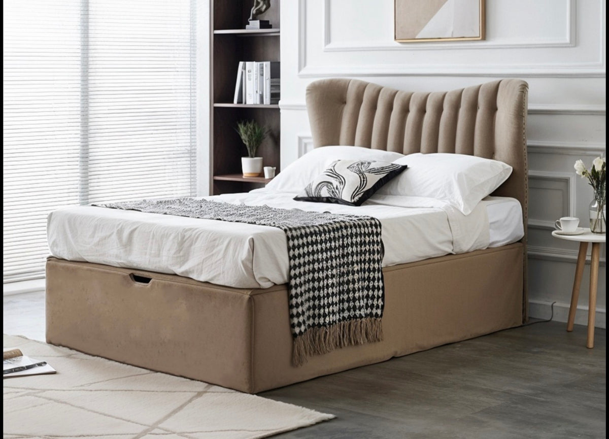 Wendy Plush Velvet Fabric Bed with Solid MDF Board Internal Storage for Modern Bedroom Decor