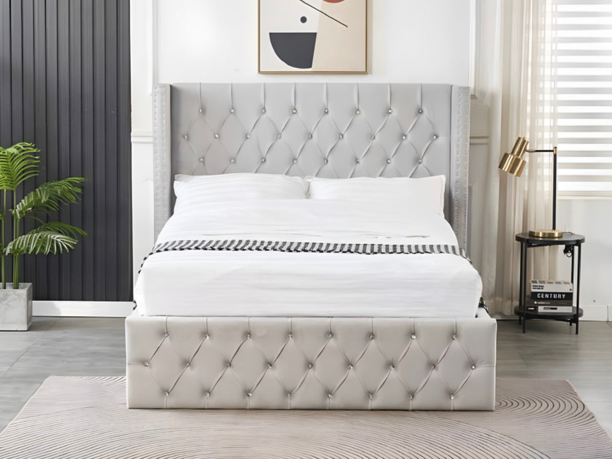 Crystal Plush Velvet Bed with Wings has Metal Studs and Crystals on the Footboard and Headboard