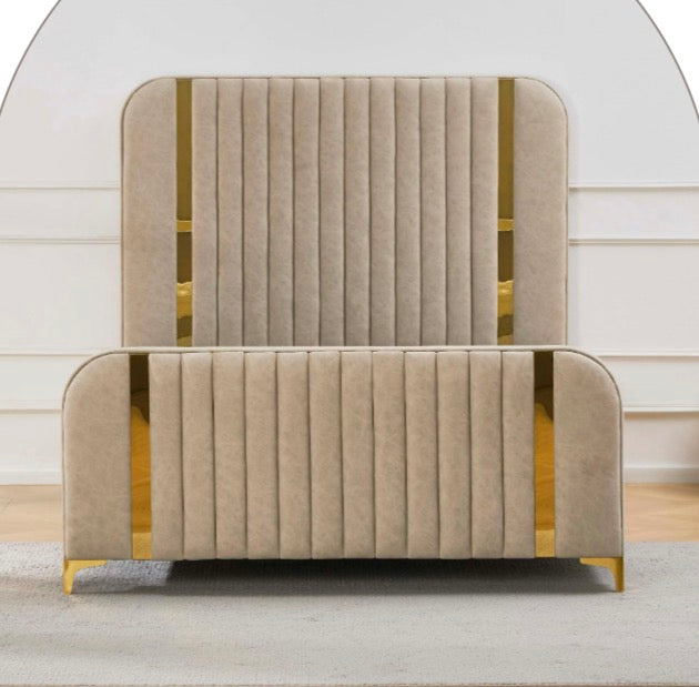 Fabulous Bed With Gas Lift MDF Button in Beige Velvet and Gold Accents for Modern Bedrooms