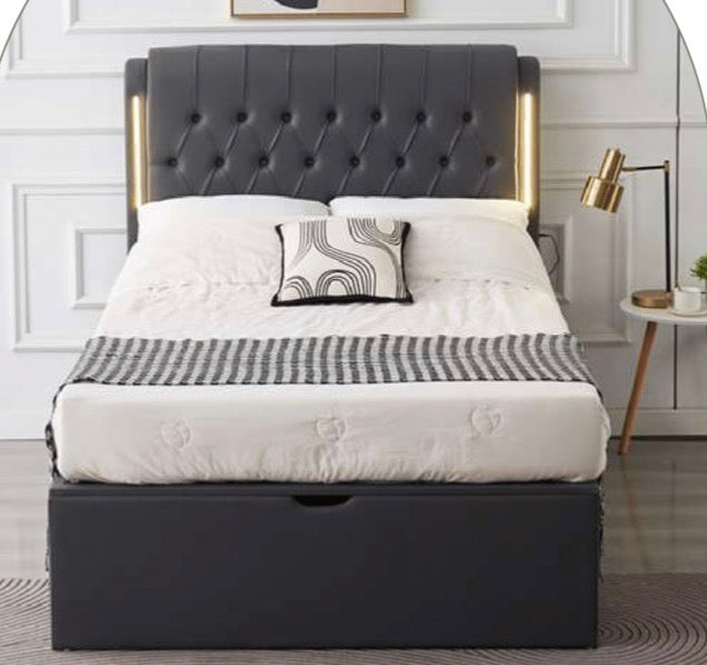 Ruby Suede Fabric Bed with LED Lights on the Headboard Touch Brightness Control Easy to Clean Storage Bed for Any Bedroom