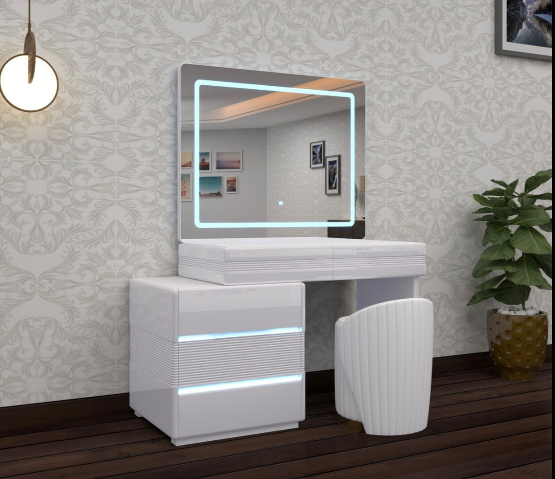 Novella Dressing Table - Comfy Stool , Strong MDF , Adjustable Width , 3 Tone LED , High Gloss Mirror , With Handless Drawers