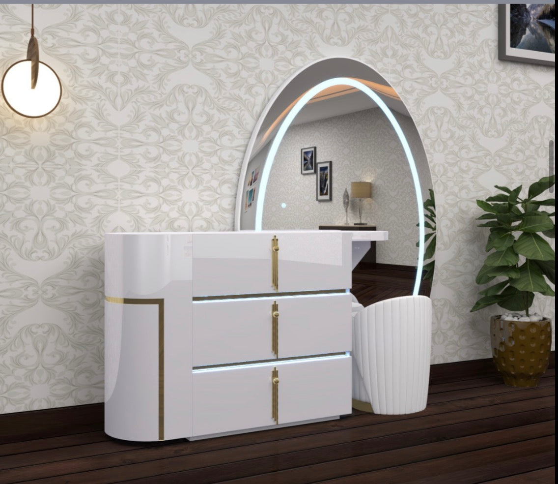 Aurora Dressing Table - Gold Handle , 3 Tone LED , High Gloss Mirror , Strong MDF , Deep Drawers With Comfy Stool In Different Colours