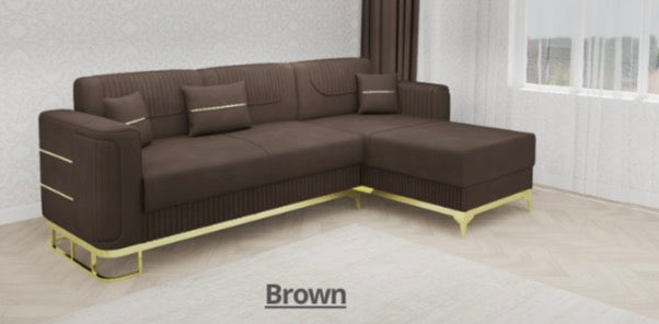 Fashion L-Shape Sofa -Roll Over Bed , LED Light , Under Storage , Metal Legs , Full Memory Foam