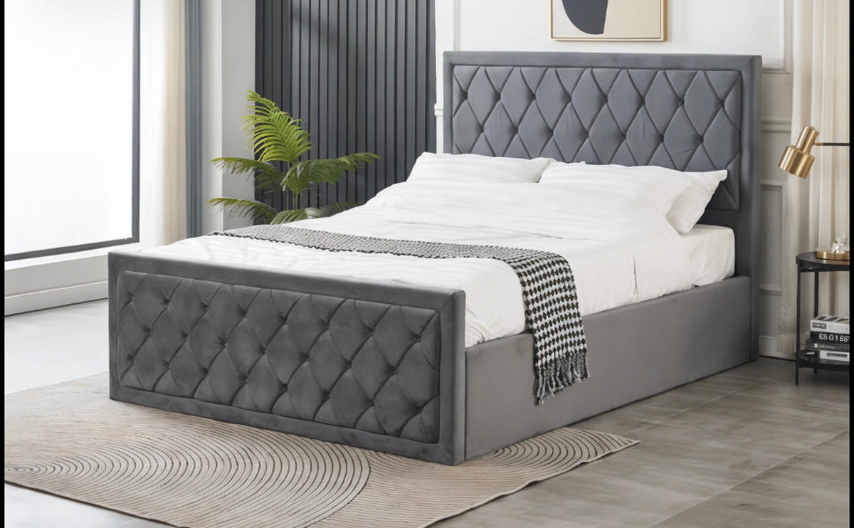 Drayton Plush Velvet Bed with Buttons - Luxurious Soft & Comfortable Surface for Restful Sleep - Stylish Design Enhances Any Bedroom - Single to King Sizes Available