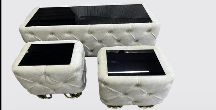 AVIVA Modern Coffee Table Set in Black Cream & Grey with Tufted Design and Gold Legs for Living Room