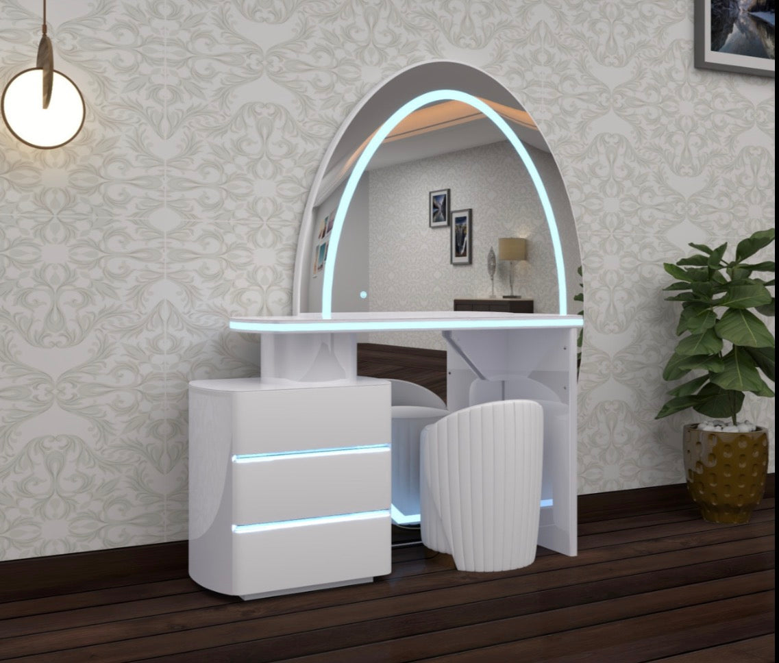 Ovela Dressing Table - Deep Drawers , 3 Tone LED , Strong MDF , Handless Deep Drawers , High Gloss Mirror , Comfy Stool