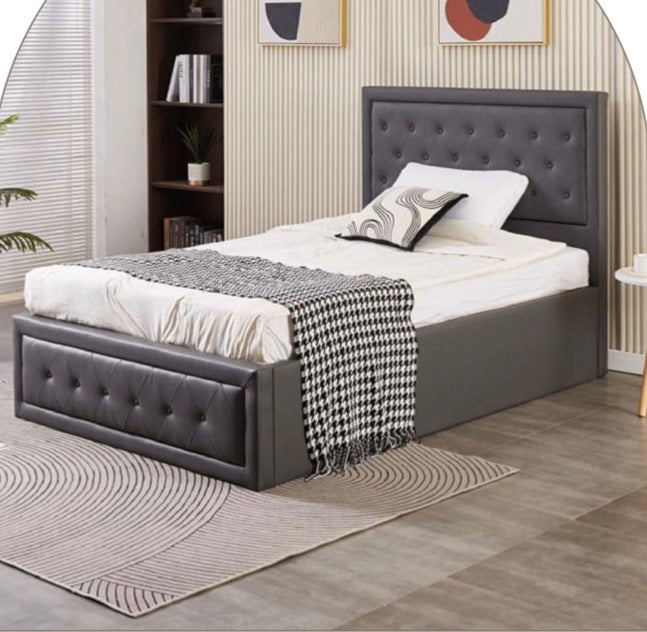 Wallace Leather Bed with Ottoman Storage Crystalo on Black Grey Buttons Modern Storage Solution for Bedroom