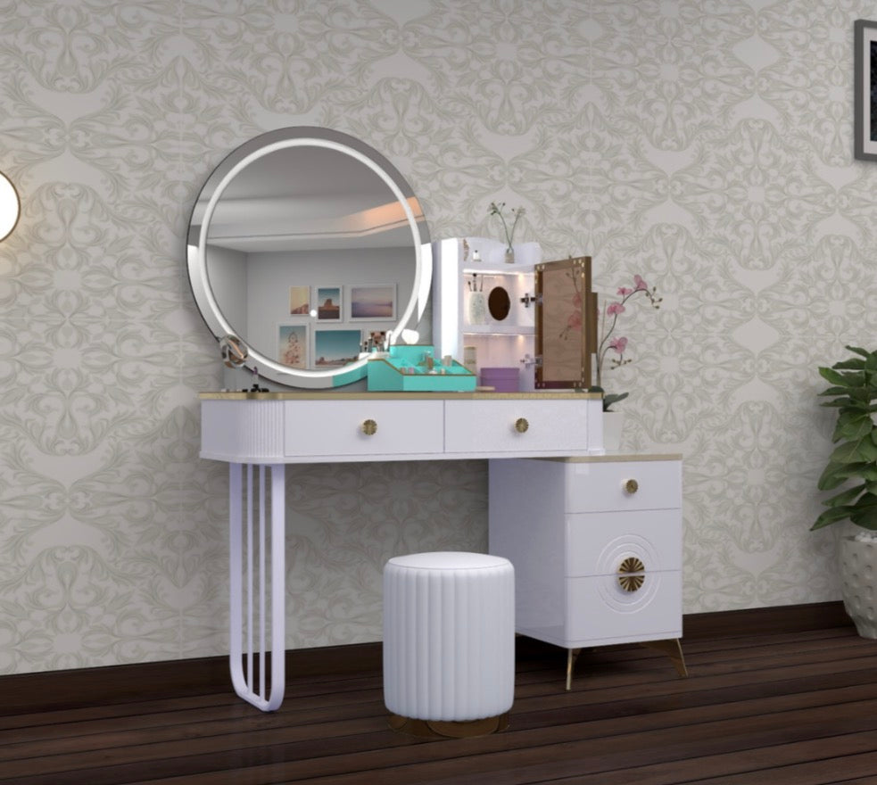 Viola Dressing Table - Adjustable Width Strong MDF Deep Drawers High Gloss Mirror 3 Tone LED Comfy Stool for Bedroom