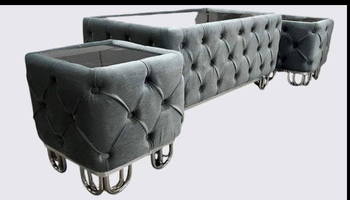 AVIVA Modern Coffee Table Set in Black Cream & Grey with Tufted Design and Gold Legs for Living Room