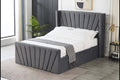 Belira Plush Velvet Bed with Diagonal Stripes and Studs on Wings in Dark Grey for Modern Bedroom Decor - Elegant Design & Soft Comfort