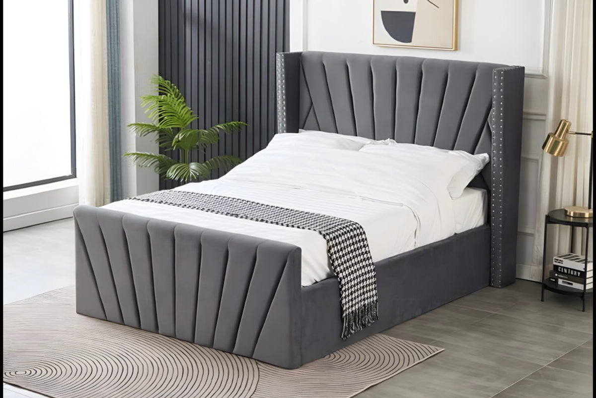 Belira Plush Velvet Bed with Diagonal Stripes and Studs on Wings in Dark Grey for Modern Bedroom Decor - Elegant Design & Soft Comfort