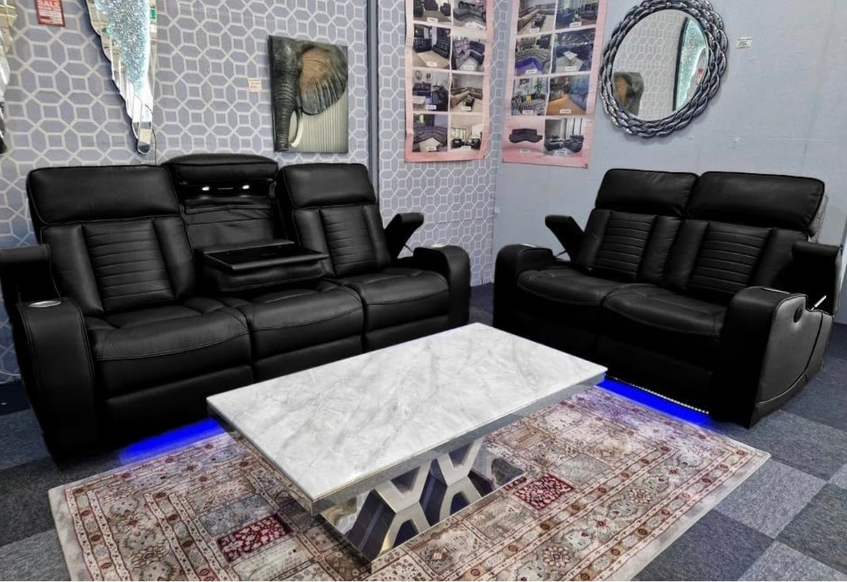 Tuacane Leather 3+2 Seater Sofa Set , Electric recliners, cupholders, USB charging, wireless charging, comfortable cinematic sofas, colour black or brown or grey