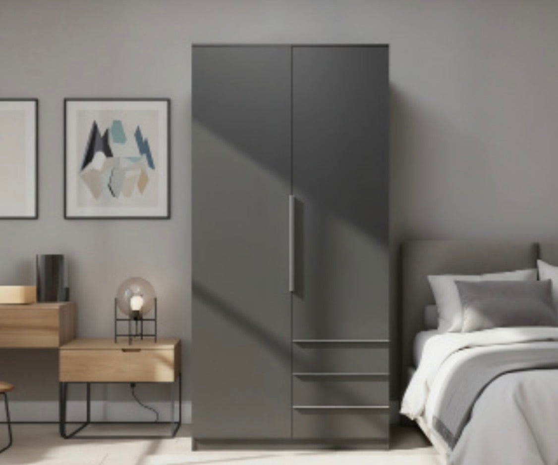 Vive Wardrobe Full MDF & Three Drawers Outside in Grey , Black , White & Dark Grey