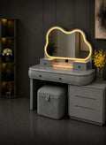 Grey Dressing Table with LED Mirror, Large Storage & Comfortable Stool with High Gloss Mirror