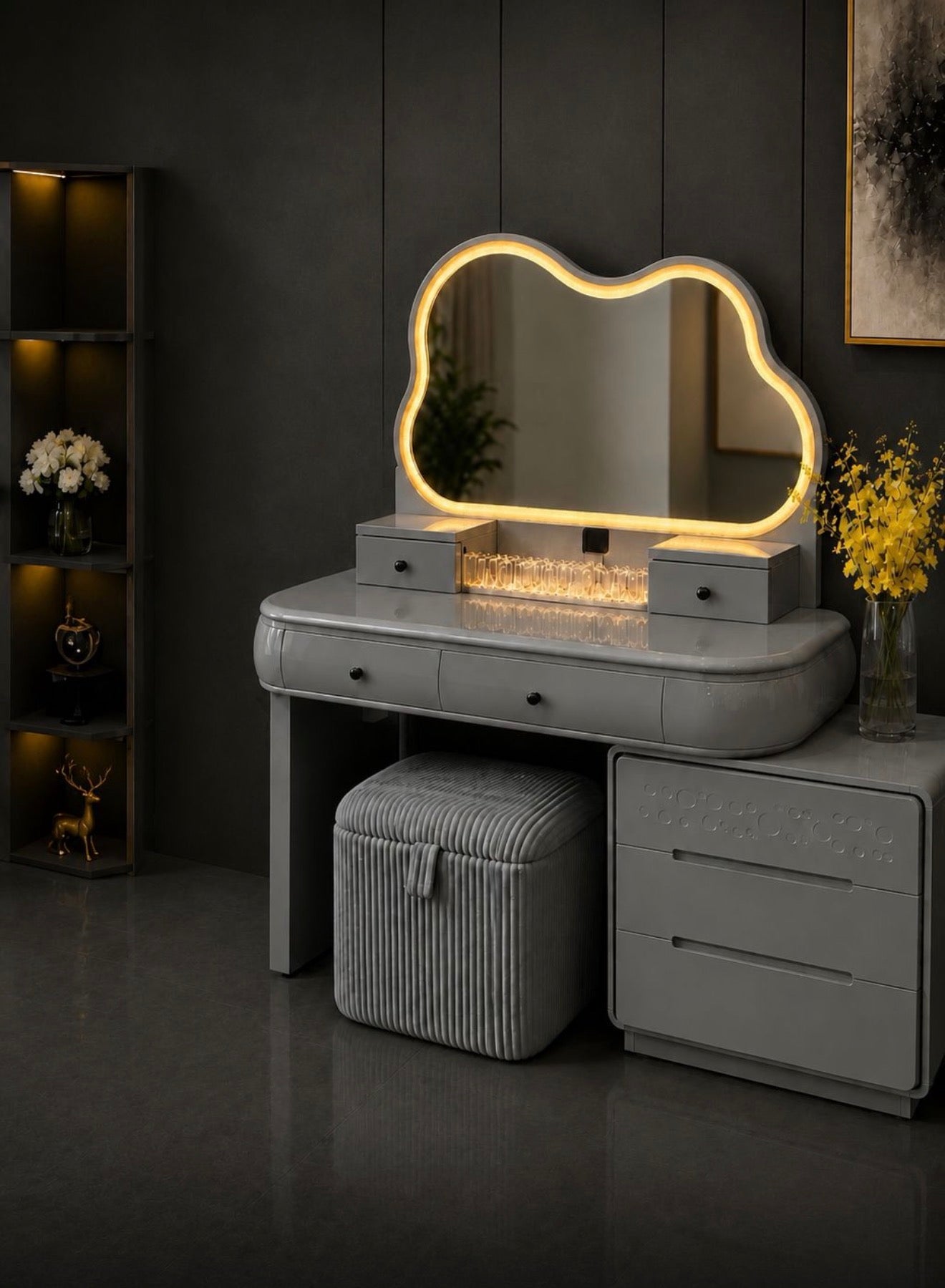 Grey Dressing Table with LED Mirror, Large Storage & Comfortable Stool with High Gloss Mirror