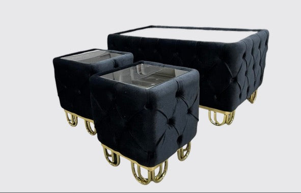 AVIVA Modern Coffee Table Set in Black Cream & Grey with Tufted Design and Gold Legs for Living Room
