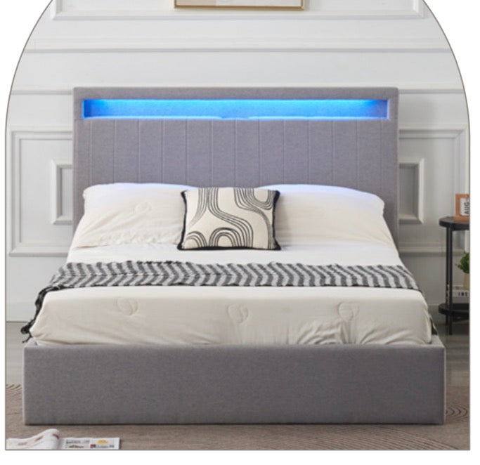LED Bed Linen Fabric with Integrated Speaker & USB Charging in Headboard Storage Metal Ottoman Extra-strong Rods under Slats for Enhanced Lighting Ambiance and Convenience