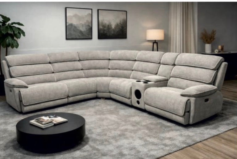 LAKELYN Fabric Corner Sofa in Cream Color with Cup Holders LED Lights Electric Recliner Speakers Adjustable Headrest 330 x 297 cm