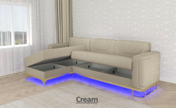 Fashion L-Shape Sofa -Roll Over Bed , LED Light , Under Storage , Metal Legs , Full Memory Foam