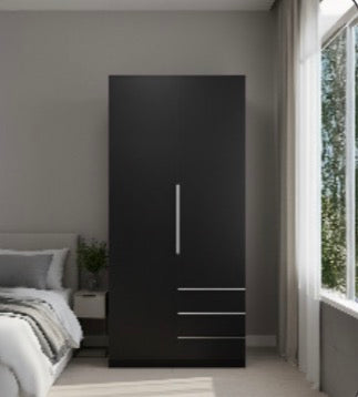 Vive Wardrobe Full MDF & Three Drawers Outside in Grey , Black , White & Dark Grey