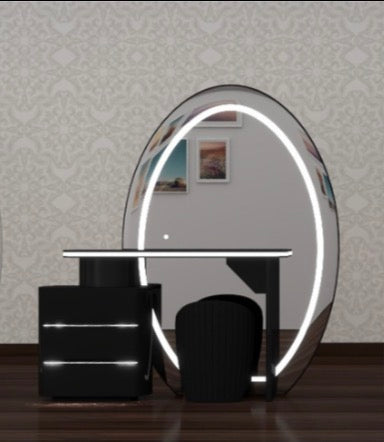 Ovela Dressing Table - Deep Drawers , 3 Tone LED , Strong MDF , Handless Deep Drawers , High Gloss Mirror , Comfy Stool