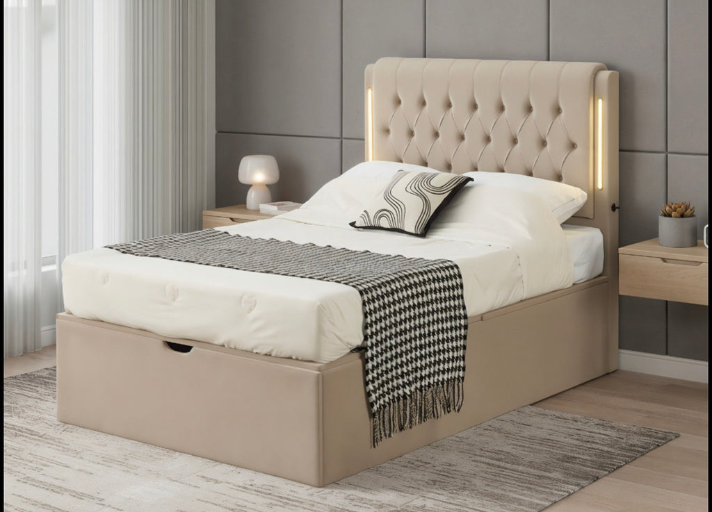 Ruby Suede Fabric Bed with LED Lights on the Headboard Touch Brightness Control Easy to Clean Storage Bed for Any Bedroom