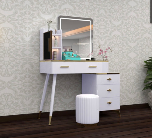 Alice Dressing Table - Adjustable Width , Comfy Stool , Strong MDF , Deep Drawers , 3 Tone LED , High Gloss Mirror