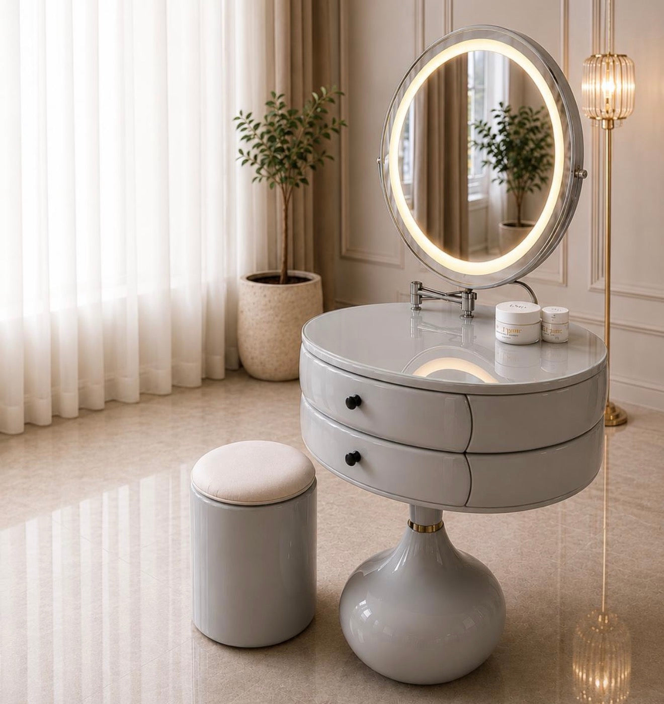 Modern Round Dressing Table with LED Mirror & Stool,High Gloss Grey Vanity with Storage