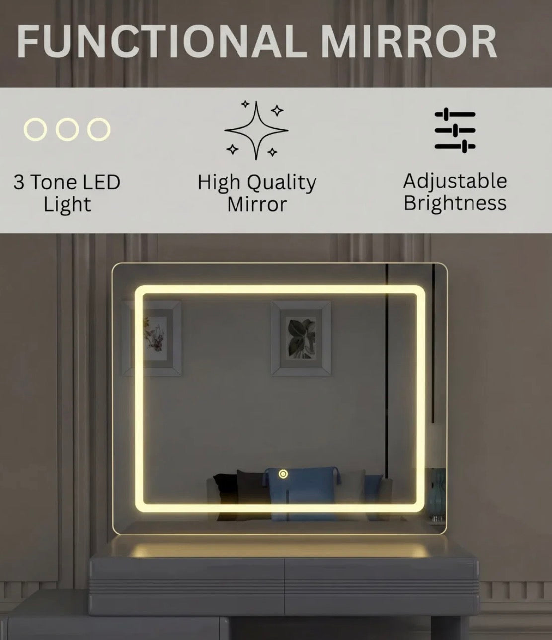 Novella Dressing Table - Comfy Stool , Strong MDF , Adjustable Width , 3 Tone LED , High Gloss Mirror , With Handless Drawers