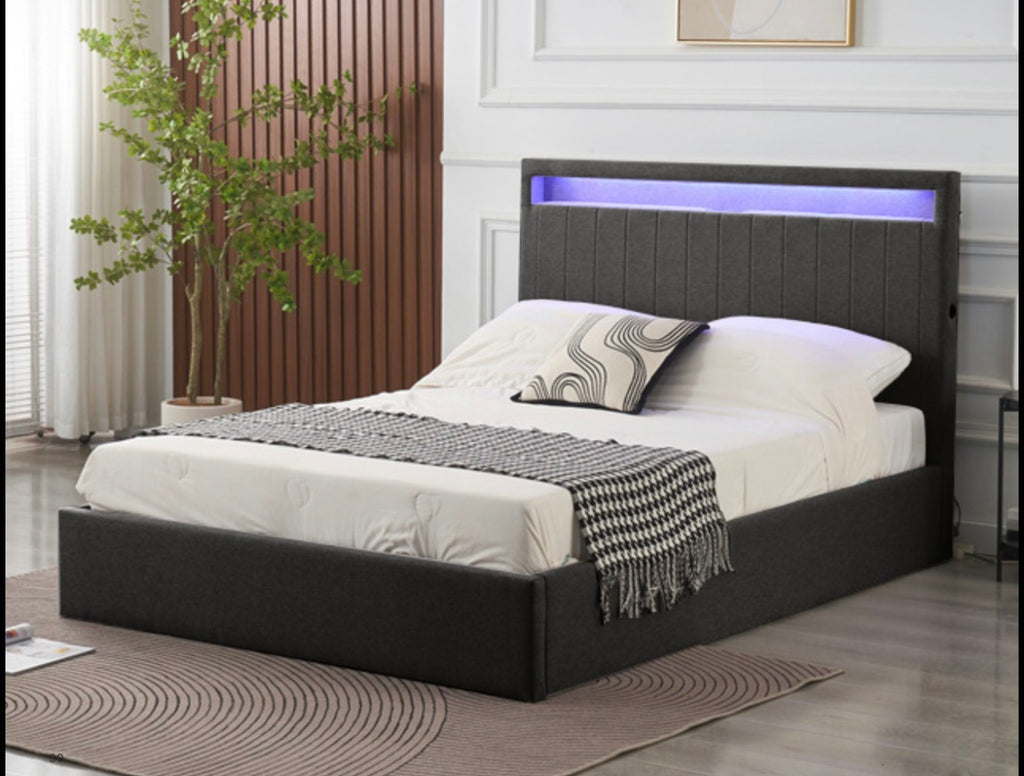 LED Bed Linen Fabric with Integrated Speaker & USB Charging in Headboard Storage Metal Ottoman Extra-strong Rods under Slats for Enhanced Lighting Ambiance and Convenience