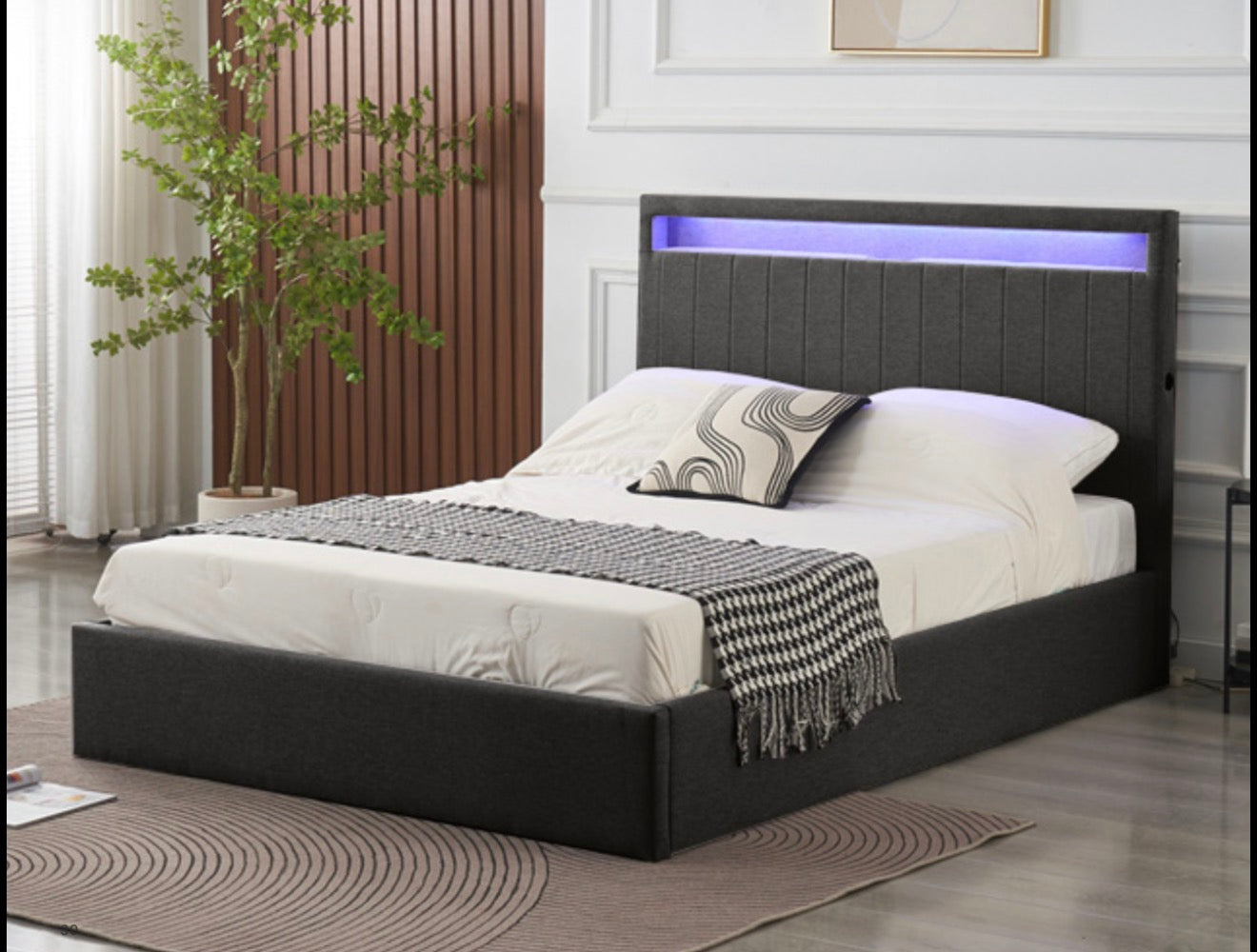 LED Bed Linen Fabric with Integrated Speaker & USB Charging in Headboard Storage Metal Ottoman Extra-strong Rods under Slats for Enhanced Lighting Ambiance and Convenience