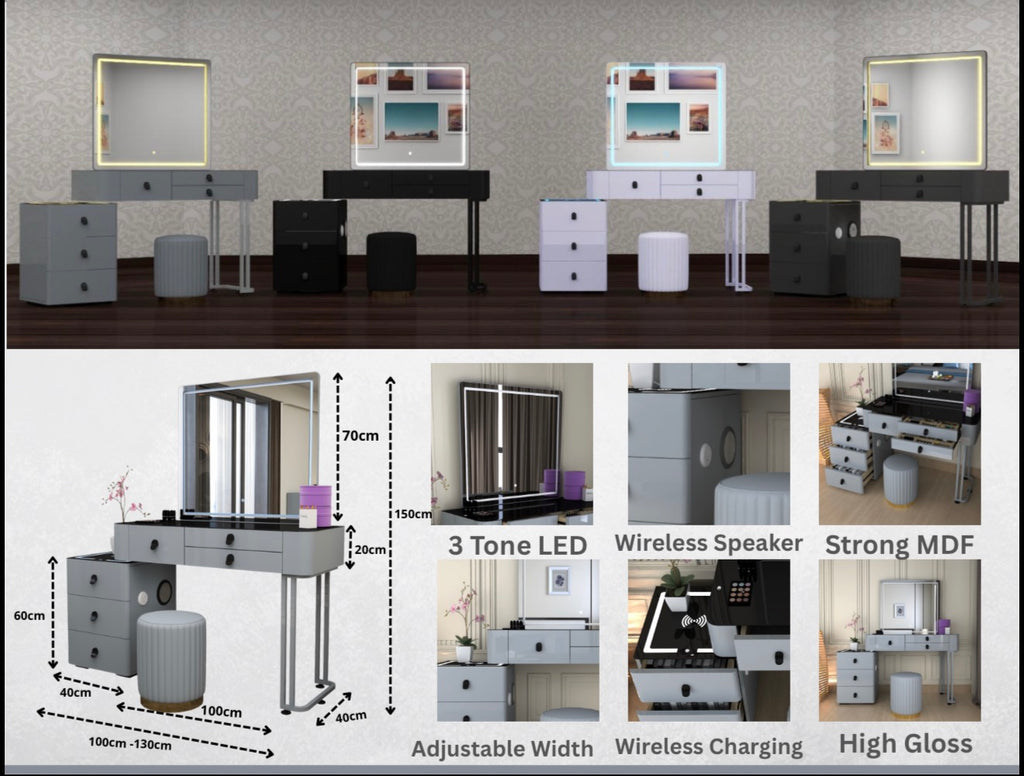 Lux Dressing Table - High Gloss Mirror , 3 Tone LED , Wireless Speaker , Wireless Charging , Strong MDF With Adjustable Width IN Different Colours