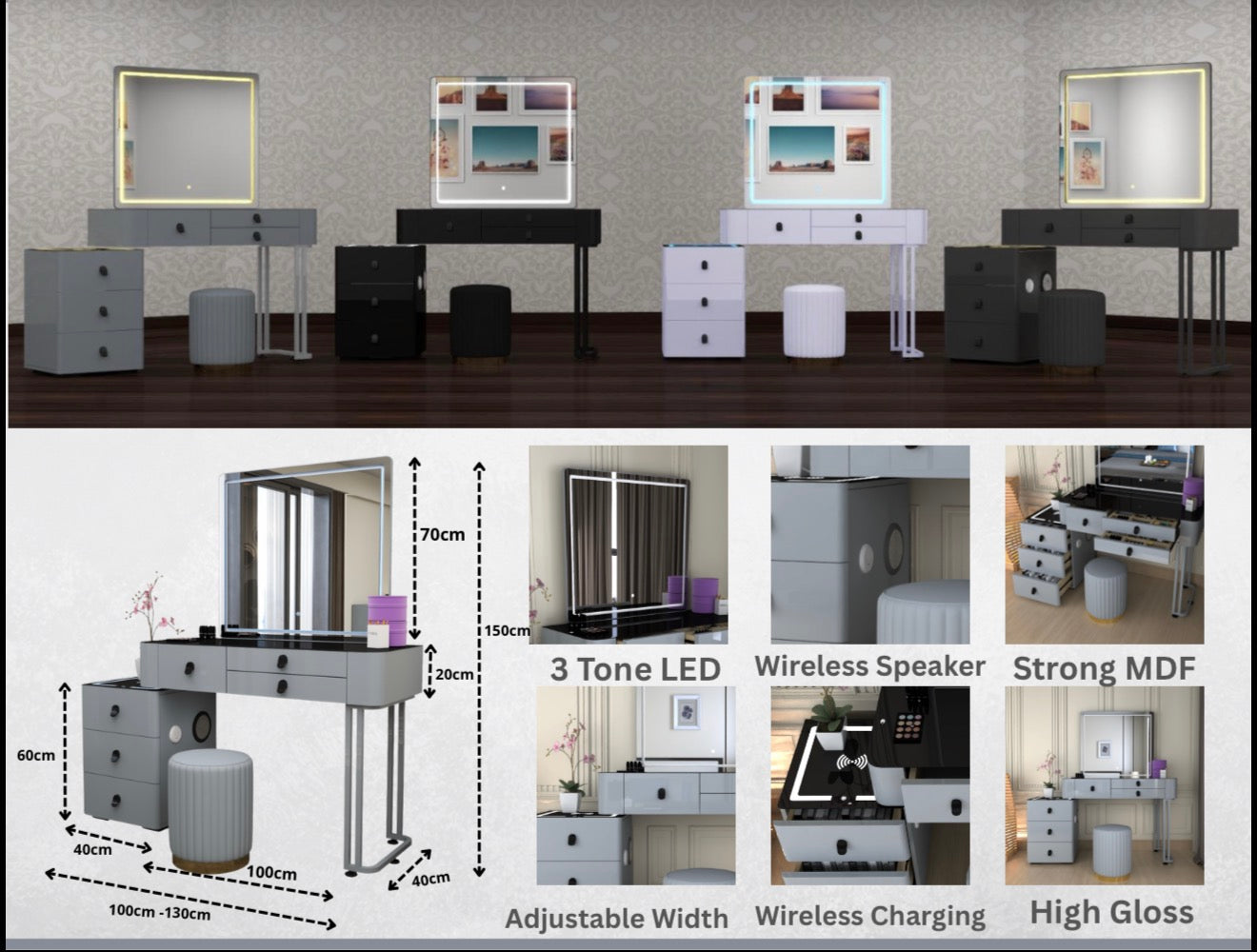 Lux Dressing Table - High Gloss Mirror , 3 Tone LED , Wireless Speaker , Wireless Charging , Strong MDF With Adjustable Width IN Different Colours