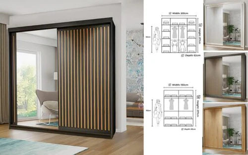 Royale Sliding Door Wardrobe - Colours ( White, Oak, Grey, Black ) Sizes ( 150cm , 203cm, 250cm )