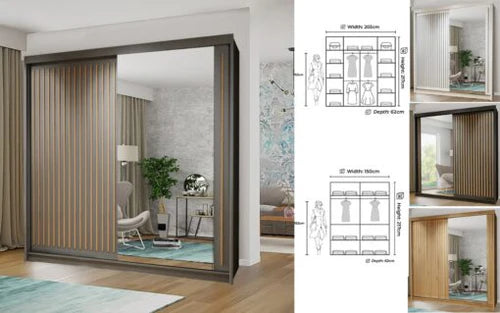 Royale Sliding Door Wardrobe - Colours ( White, Oak, Grey, Black ) Sizes ( 150cm , 203cm, 250cm )
