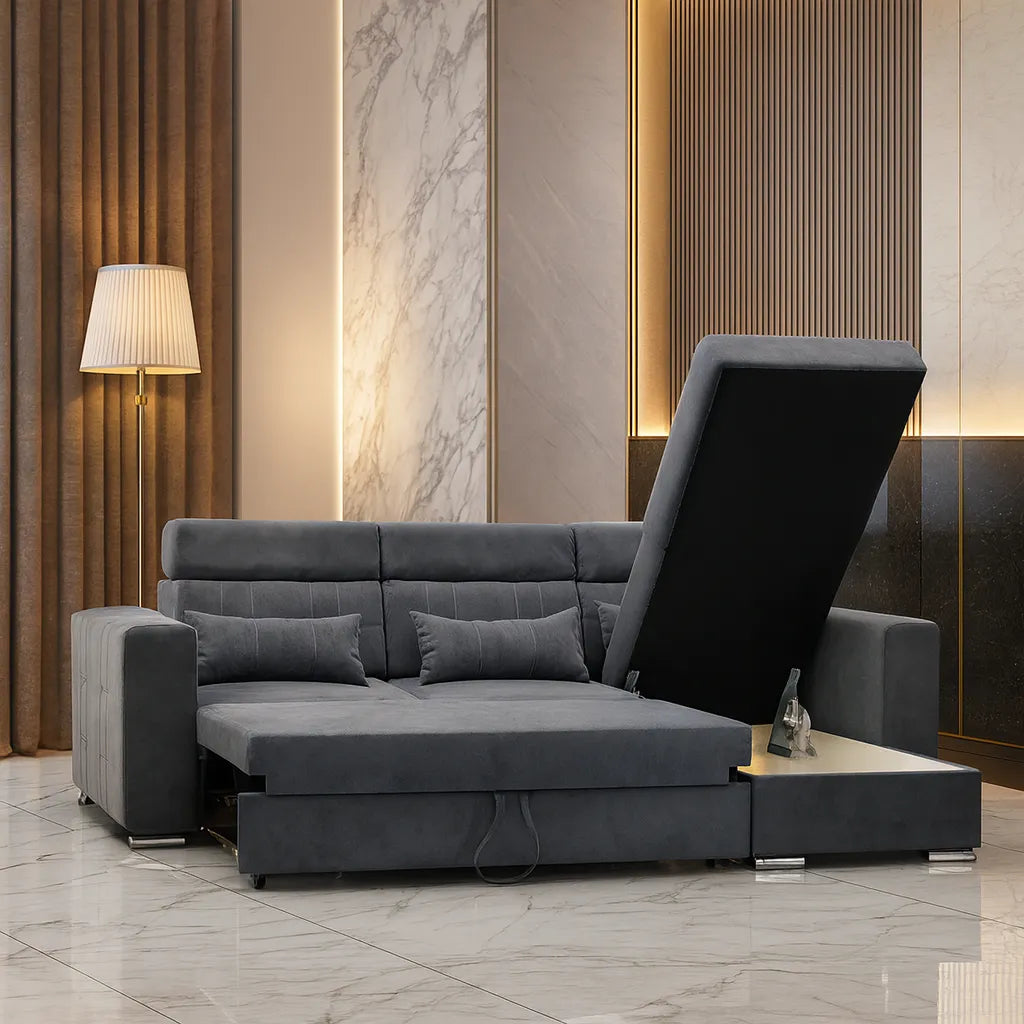 LUKA FABRIC UNIVERSAL SOFA BED IN GREY COLOR ALONG WITH STORAGE
