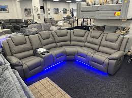 Oxford Corner Suite Leather Sofa with LED Light USB Port & Cup Holders in Grey Color Modern Living Room Furniture