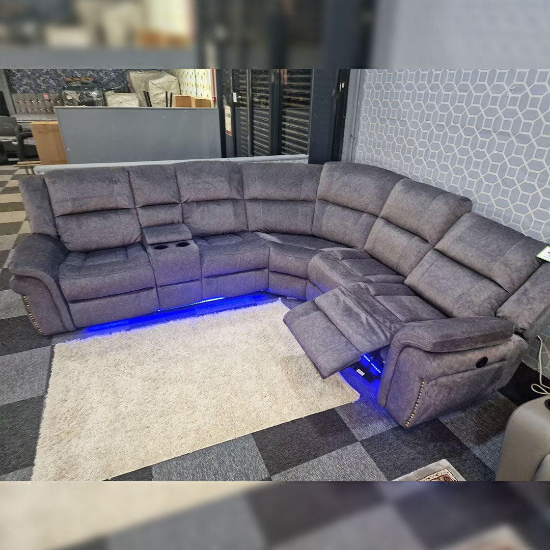 Berline Leather Manual Recliner Corner Sofa in Grey Color