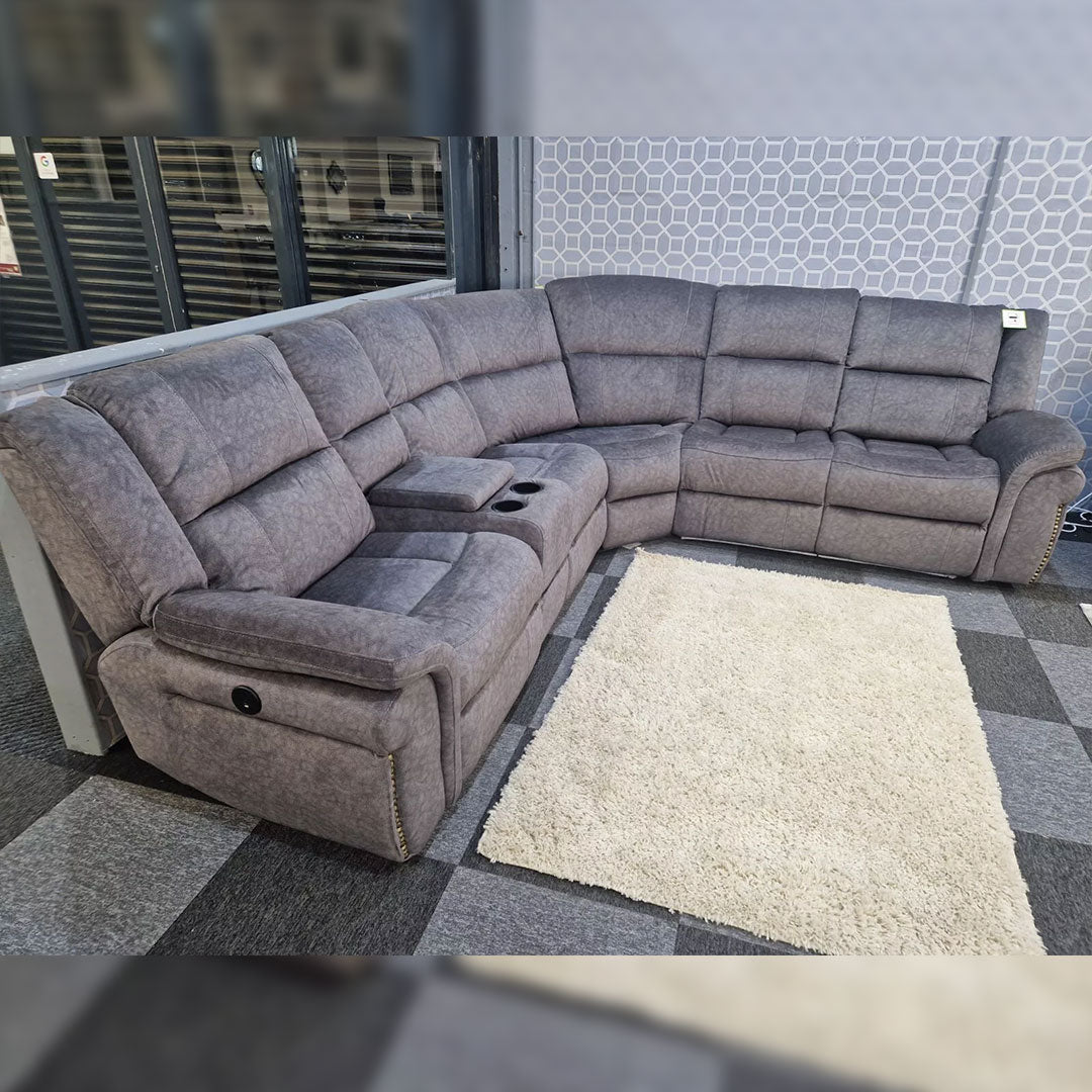 Berline Leather Manual Recliner Corner Sofa in Grey Color