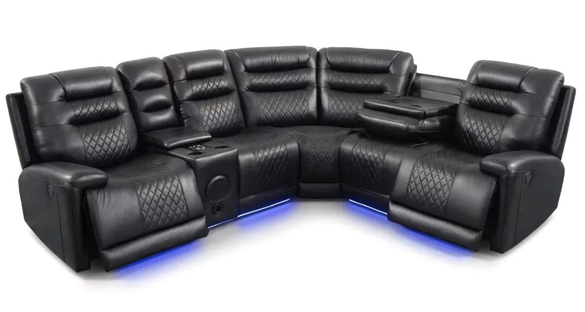 Luxury Black Leather    Sofa with Bluetooth Speakers & Wireless Charging for Smartphone Audio Fabric