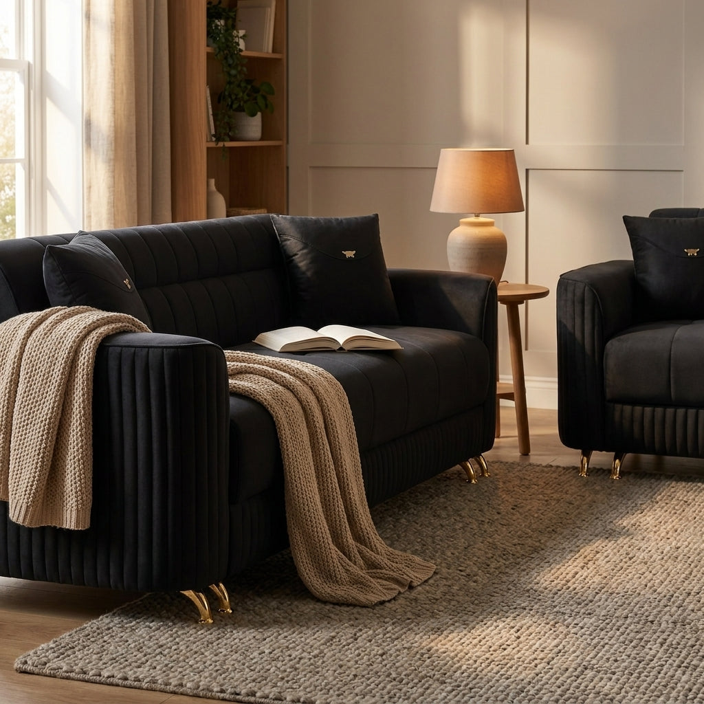 Elegant Velvet Sofa Set 3+2 OR 3+2+1  with Gold Accents and Modern Design for Living Room Comfort - BLACK, GREY , CREAM