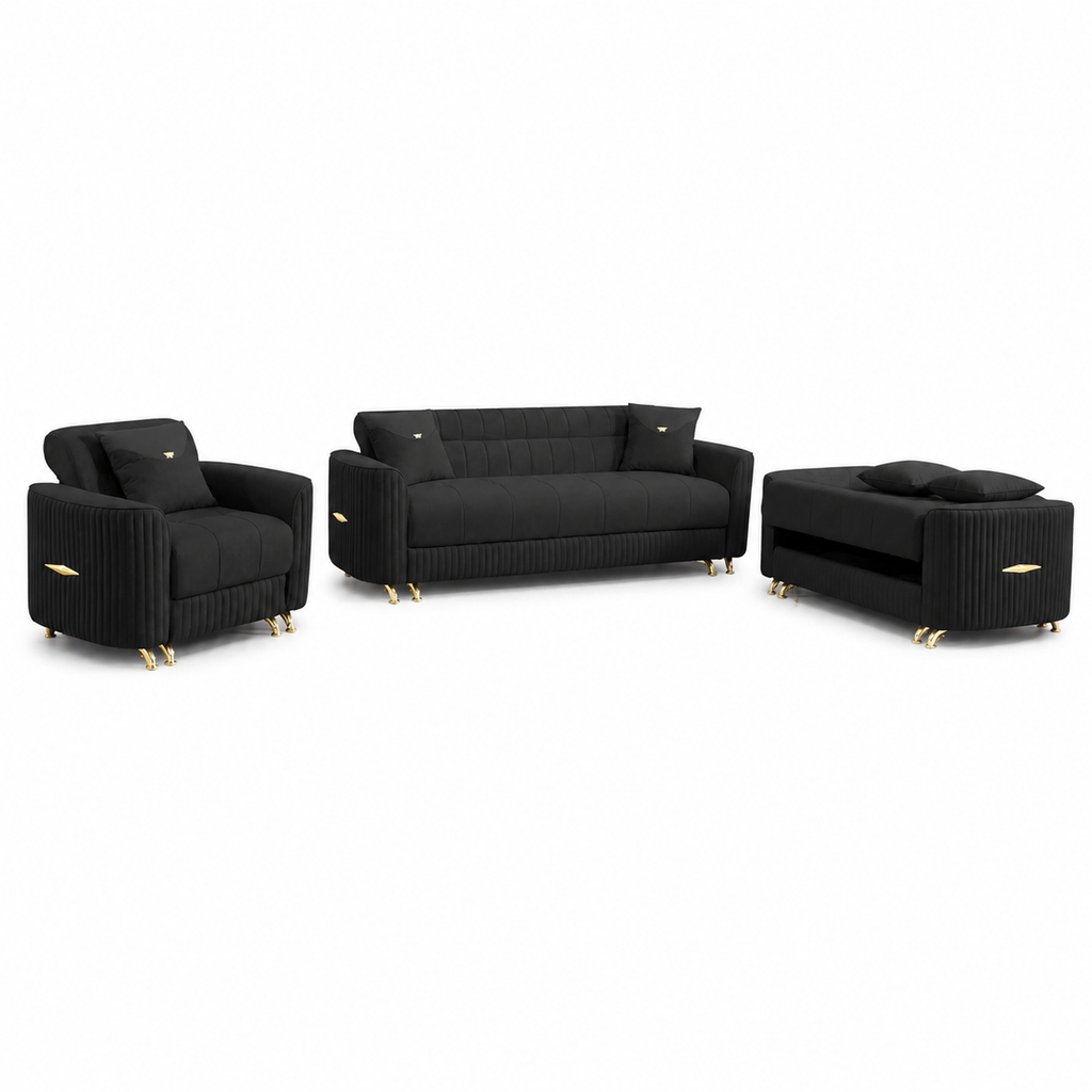 Elegant Velvet Sofa Set 3+2 OR 3+2+1  with Gold Accents and Modern Design for Living Room Comfort - BLACK, GREY , CREAM