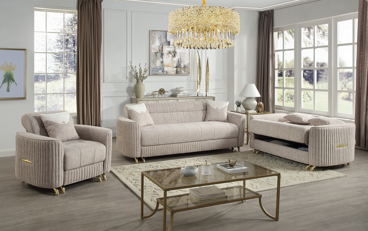 Elegant Velvet Sofa Set 3+2 OR 3+2+1  with Gold Accents and Modern Design for Living Room Comfort - BLACK, GREY , CREAM