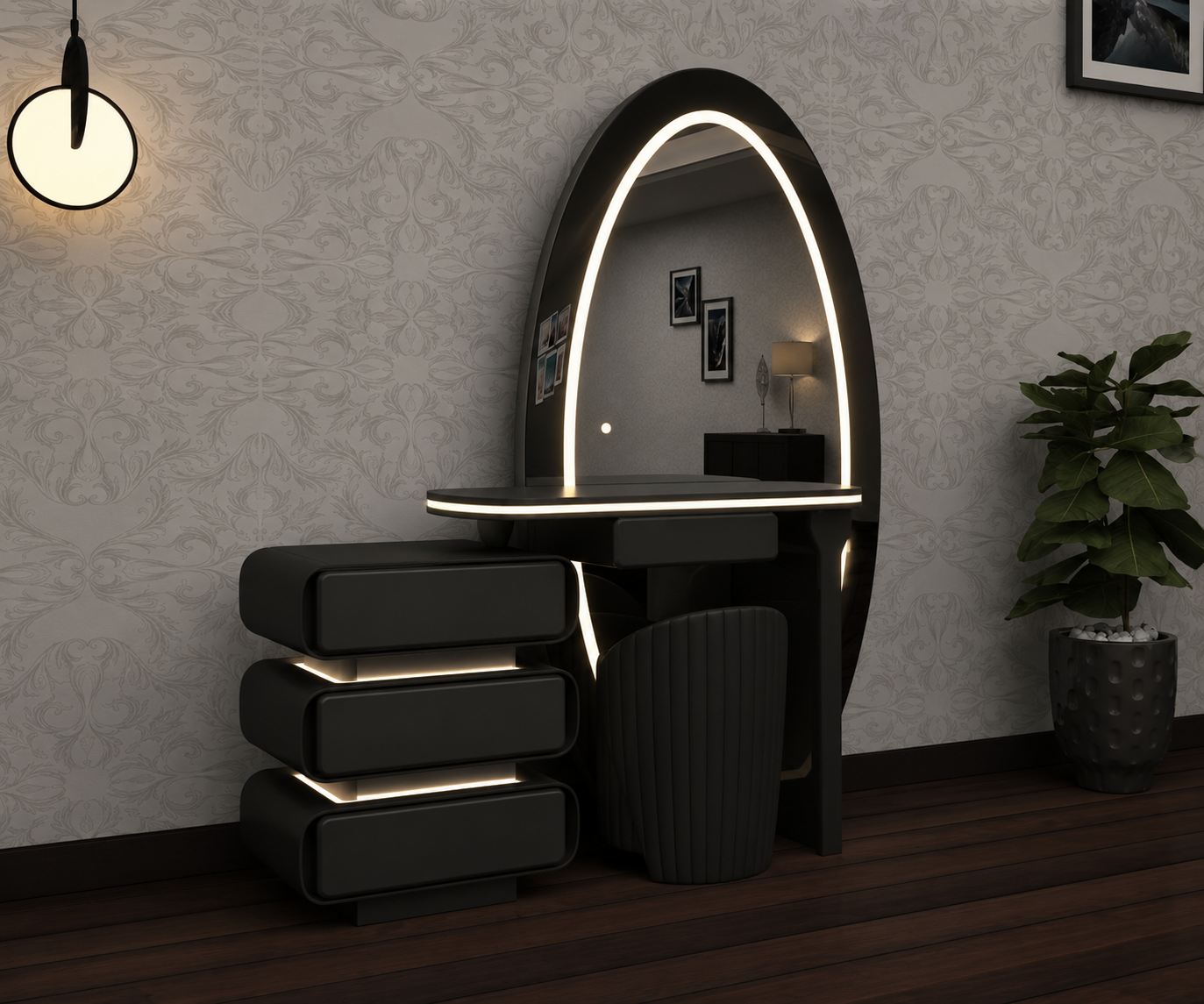 Lumi Dressing Table - Strong MDF , 3 Tone LED , Deep Drawers , Comfy Stool With High Gloss Mirror In Different Colors